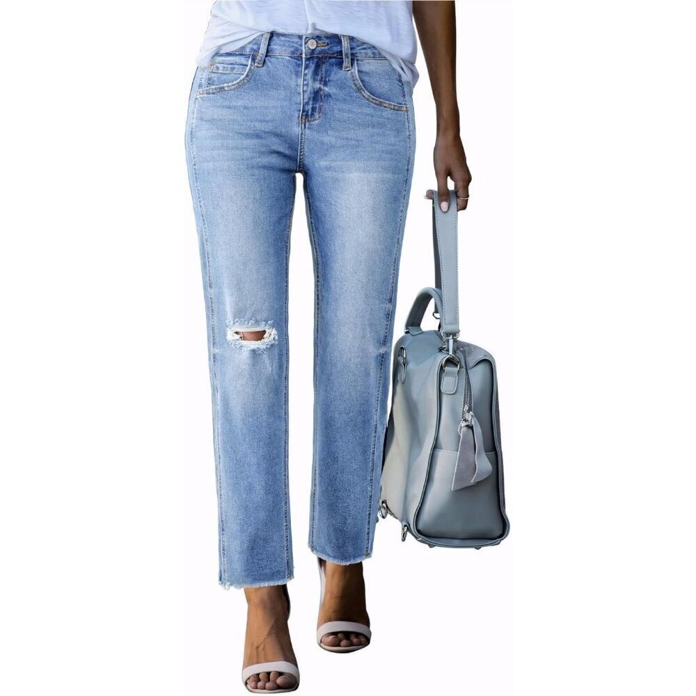 Women's High Waisted Ripped Straight Leg Denim Ankle Jeans Size 8
